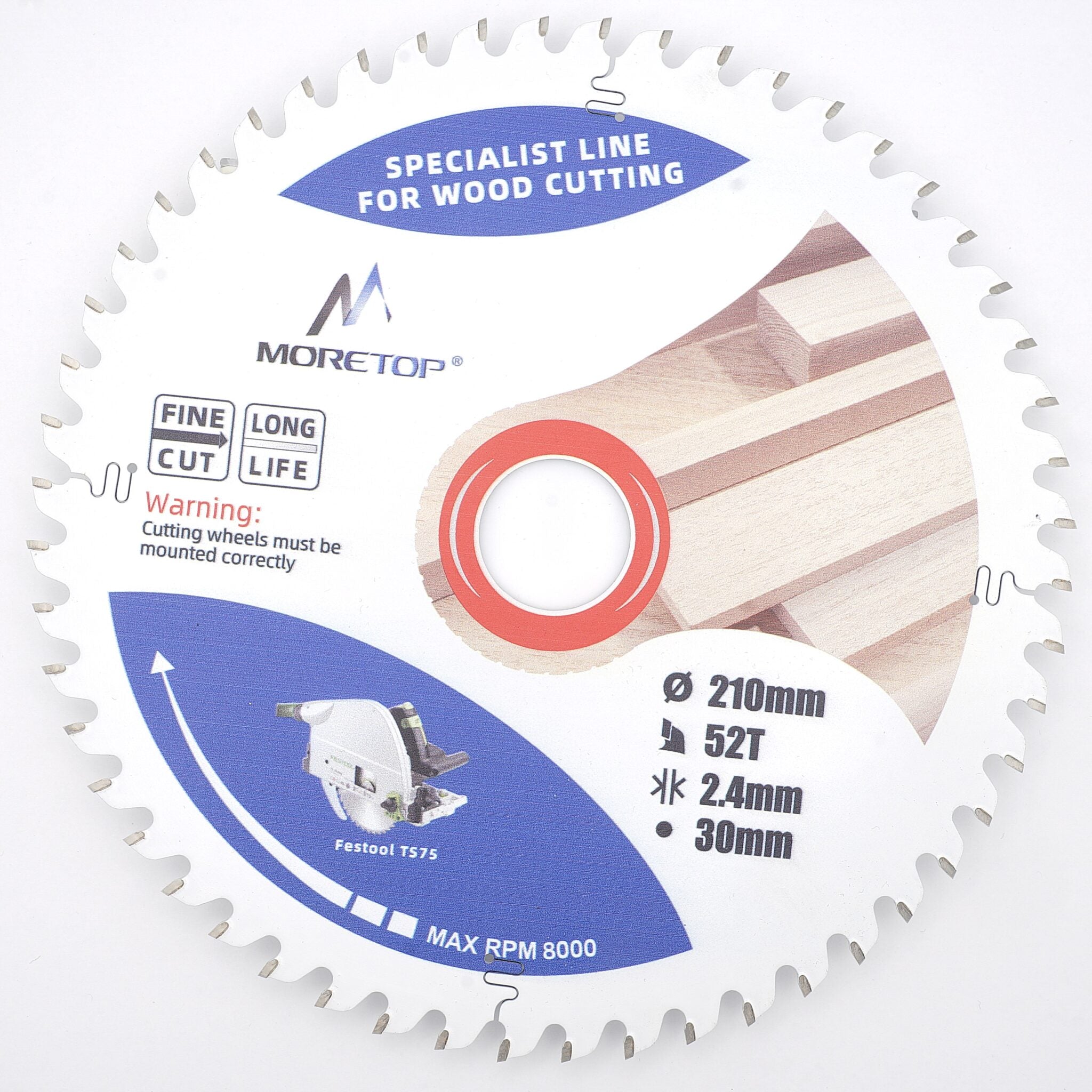 Teflonbelagt 210 mm præcisionsklinge for dyksav / Bordrundsav. Varenummer: MCCB-P210T52A